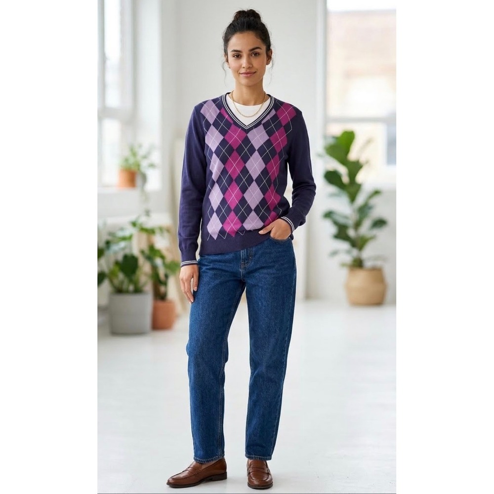 VTG Y2K Stile Benetton Purple/Pink Long-sleeved Argyle Sweater Women's Medium